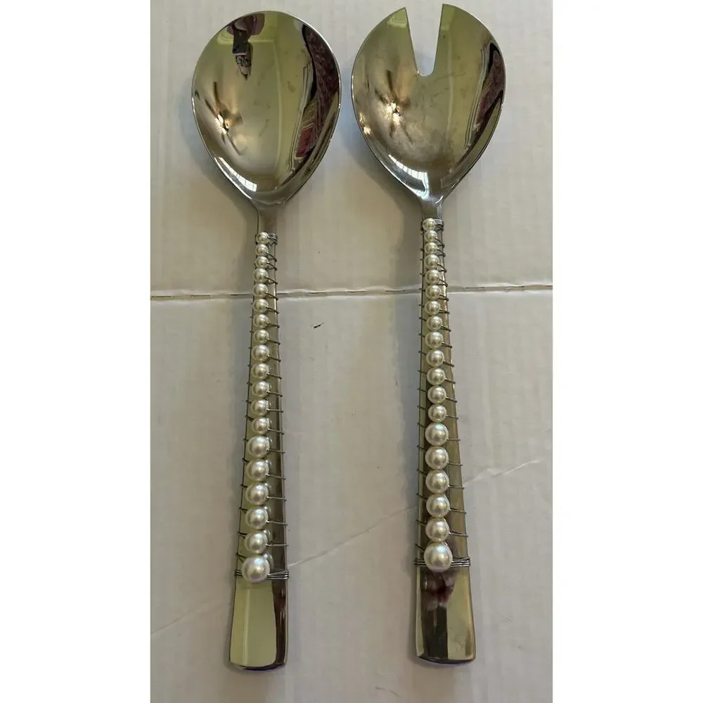 Vtg Oneida Grosvenor 1921 Pearl Bead Wired 2 Stainless Steel Serving‎ Utensils